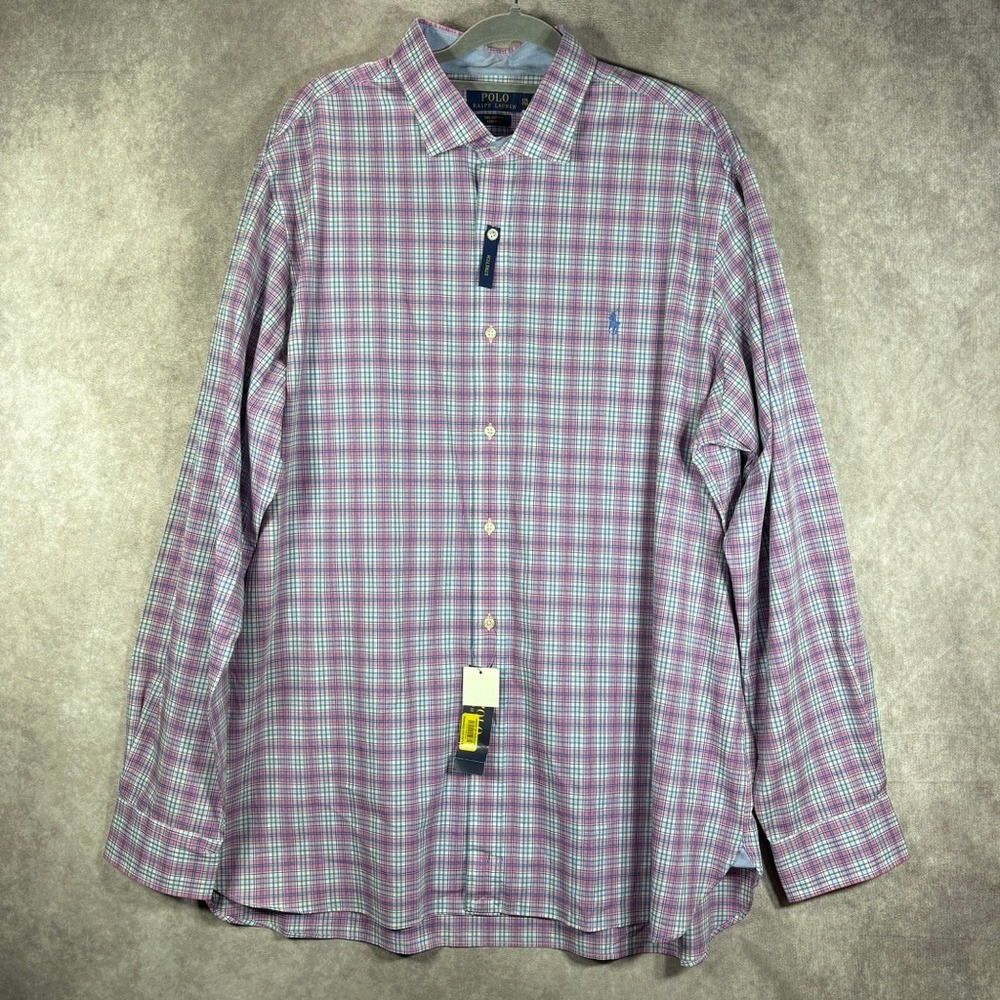 Polo Ralph Lauren Button Down Shirt Mens XXL Pink Plaid Stretch Long Sleeve NEW